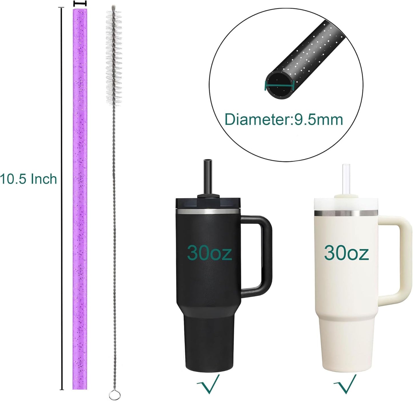 Dakoufish Replacement Glitter Straws for Stanley Flowstate 30oz Tumbler,10.5 Inch 10 Pack Reusable Straws With 1Cleaning Brush (10.5 Inch)