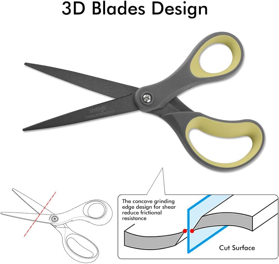 LIVINGO 2 Pack 8" Titanium Non-Stick Scissors, Professional Stainless Steel Comfort Grip, All-Purpose, Straight Office Craft Scissors for Tape, Paper, Cardboard(Green/Yellow)