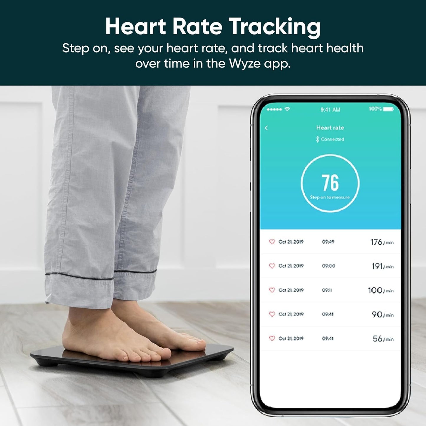 Wyze Smart Scale, Scale for Body Weight, Digital Bathroom Scale for Body Fat, BMI, and Heart Rate, Body Composition Analyzer with App, Batteries Included, Bluetooth, 400 lb, Black