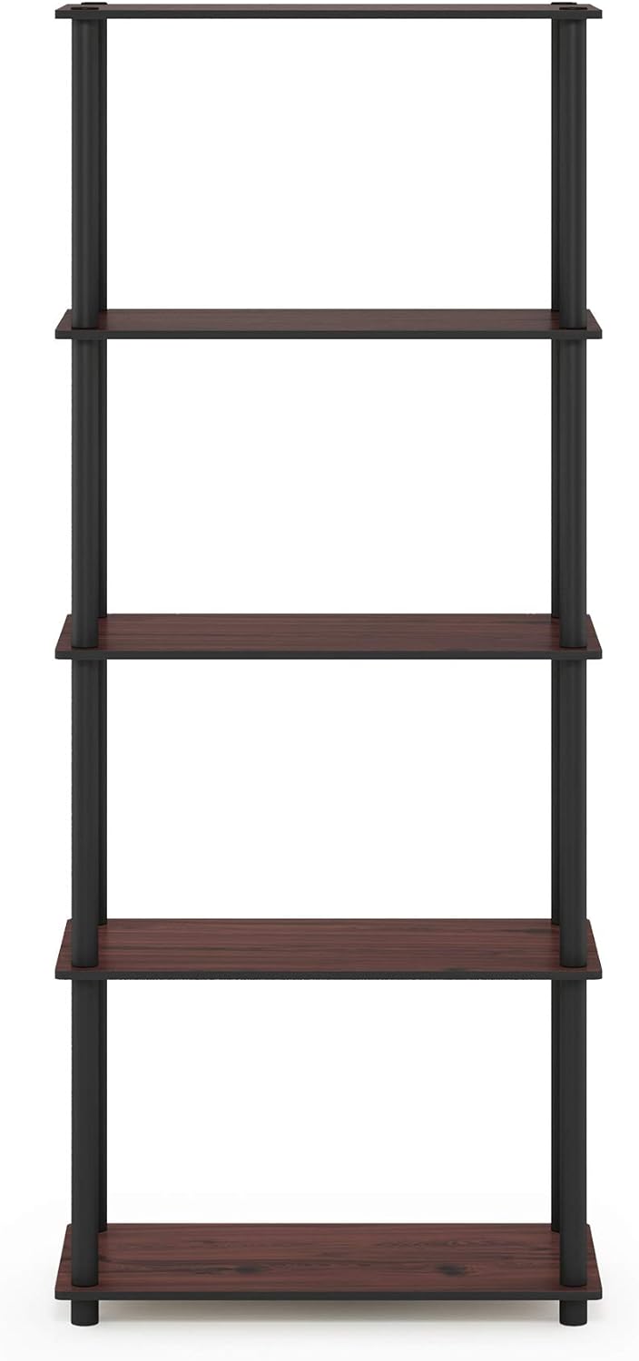 Furinno TURN-N-TUBE Storage Shelves, 5-Tier Book Shelf, Corner Shelf, Toolless Open Shelves, for Organization and Storage, Living Room, Garage, Home Office, Dark Cherry