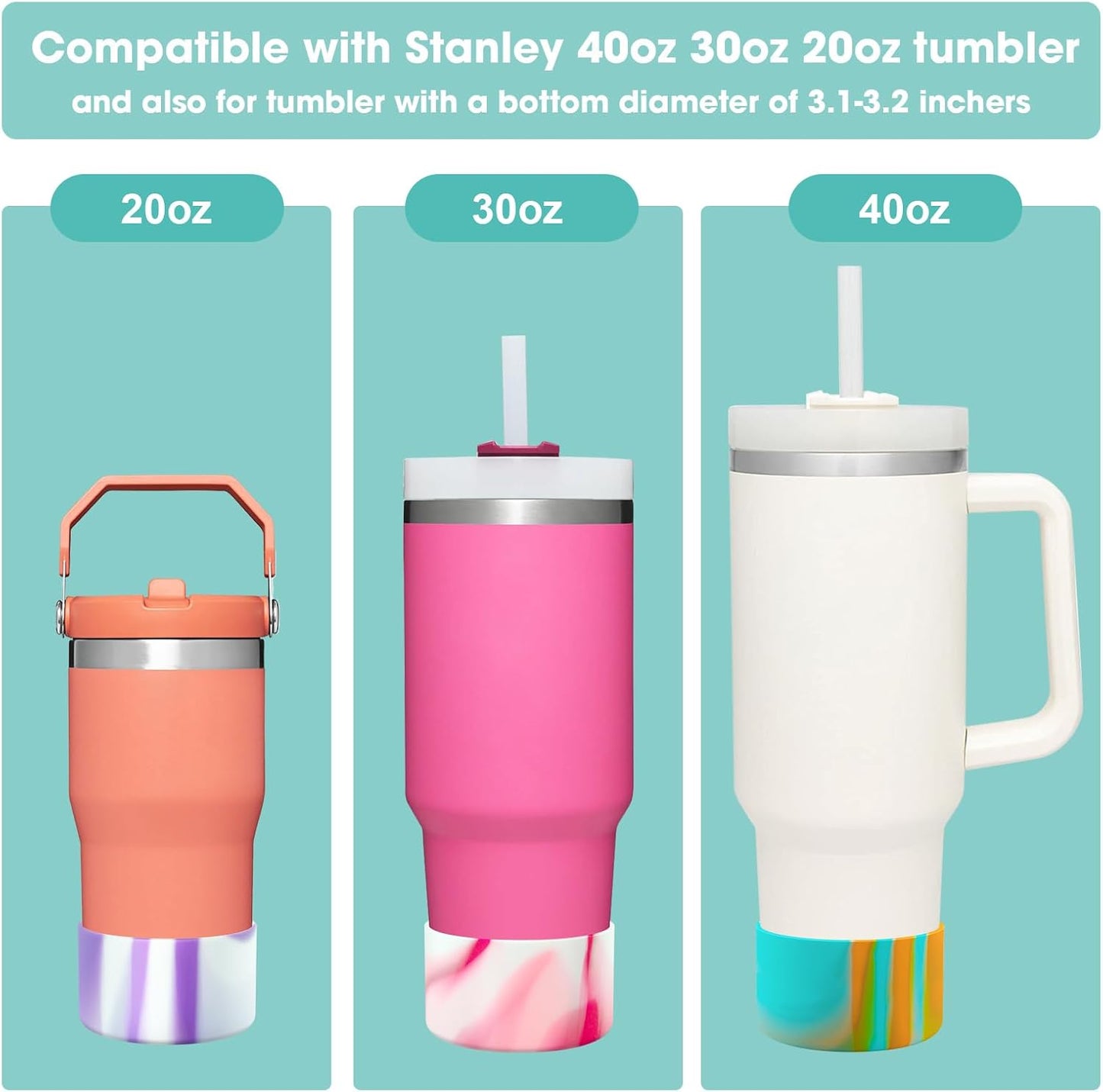 Upgrade 2PCS Protective Silicone Boot Bumper for Stanley Quencher Adventure 40oz 30oz IceFlow 20oz 30oz Tumbler, Water Bottle Bottom Sleeve Cover Accessories for Stanley Mug Cup(Blue+Green +Orange)