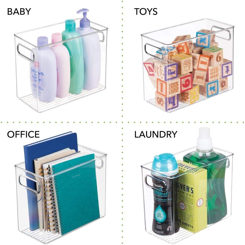 mDesign Slim Plastic Storage Container Bin with Handles - Bathroom Cabinet Organizer for Toiletries, Makeup, Shampoo, Conditioner, Face Scrubbers, Loofahs, Bath Salts - 5" Wide, 2 Pack - Clear