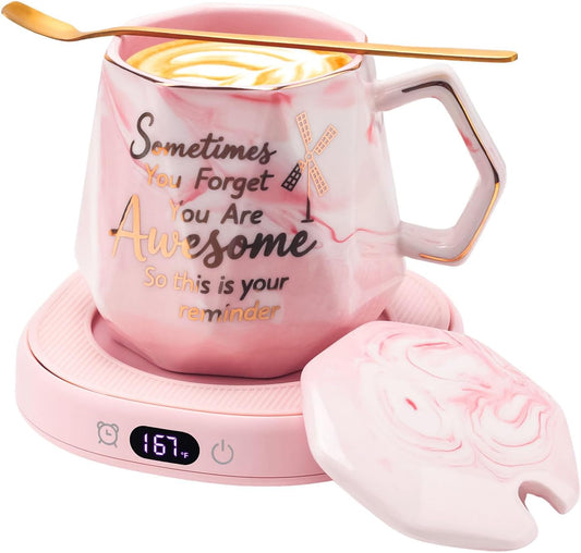 Coffee Mug Warmer & You are Awesome Mug Set, Smart Heated Electric Cup Warmer for Desk Office, 4 Temperature Control Beverage Tea Coffee Warmer, 8 Hrs Auto Shut Off Candle Plate, Ideal Gifts for Women