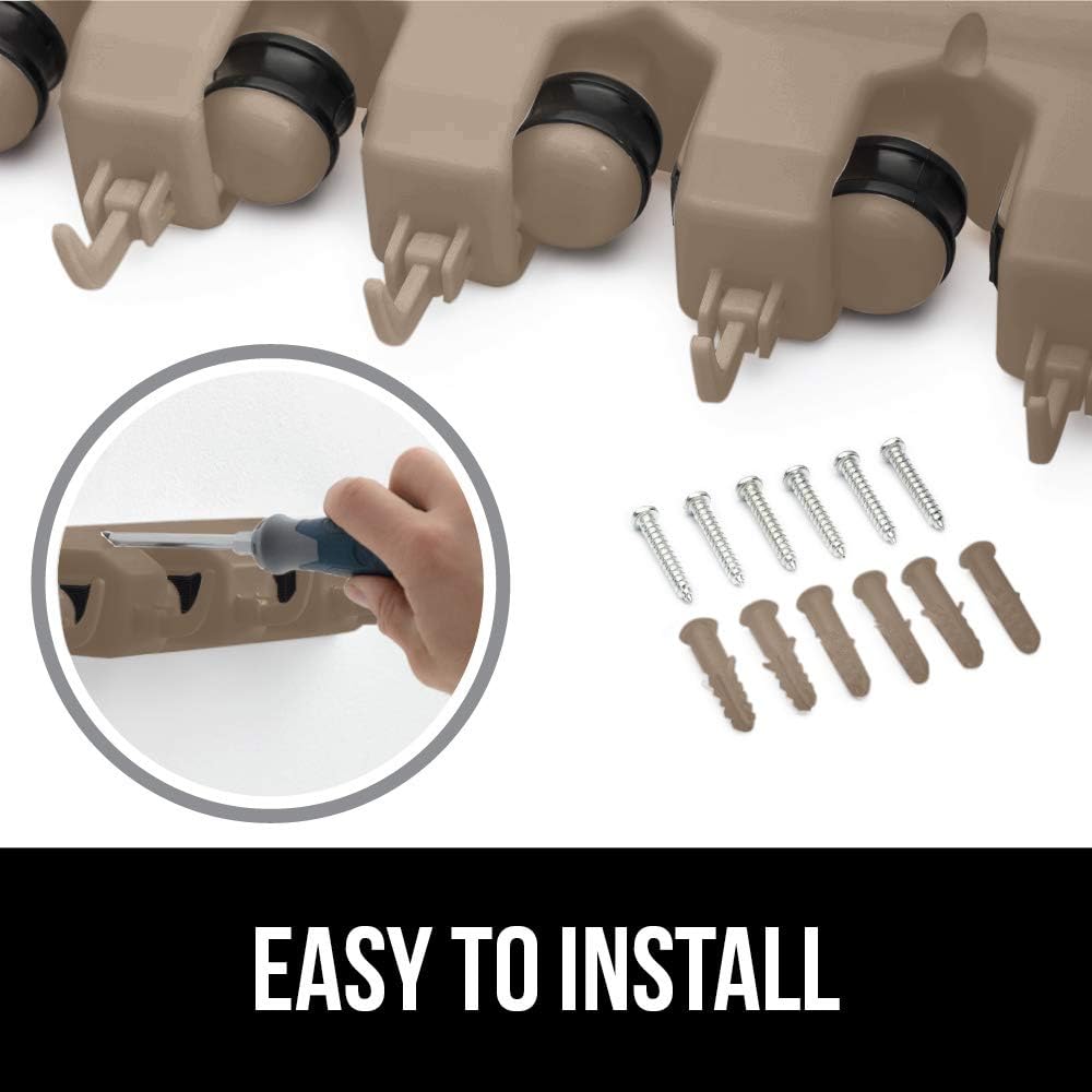 GORILLA GRIP Wall Mount Hook Fixture, Also Includes Slots to Hold Mop, Broom, Tools, Easy Install, Organize Cleaners, Tools, Home, Kitchen, Garage, 6 Hooks 5 Slots, Beige