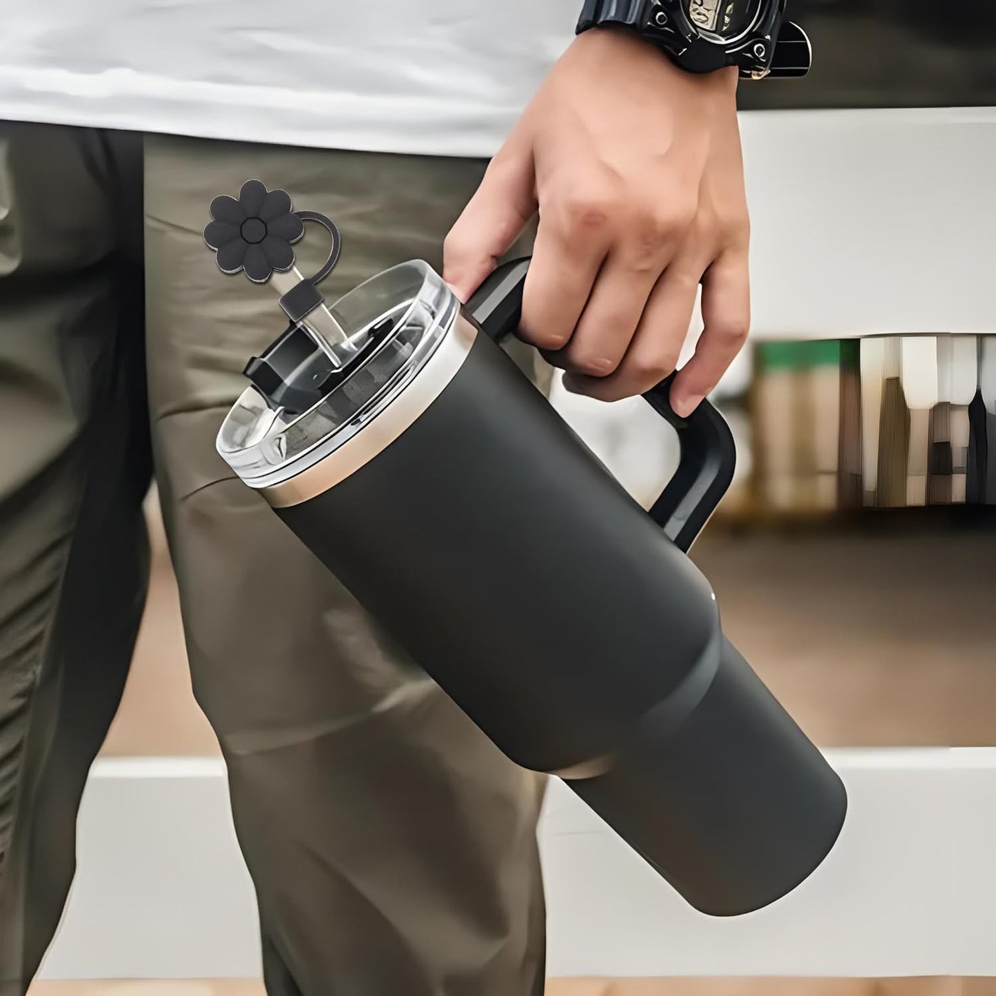 Stanley Cup Accessories, 1pc Flower Stanley Straw Cover Silicone Straw Topper for Stanley 30&40 oz Tumbler with Handle and 1pc Initial Letter Charm for Stanley Cup (Letter R)