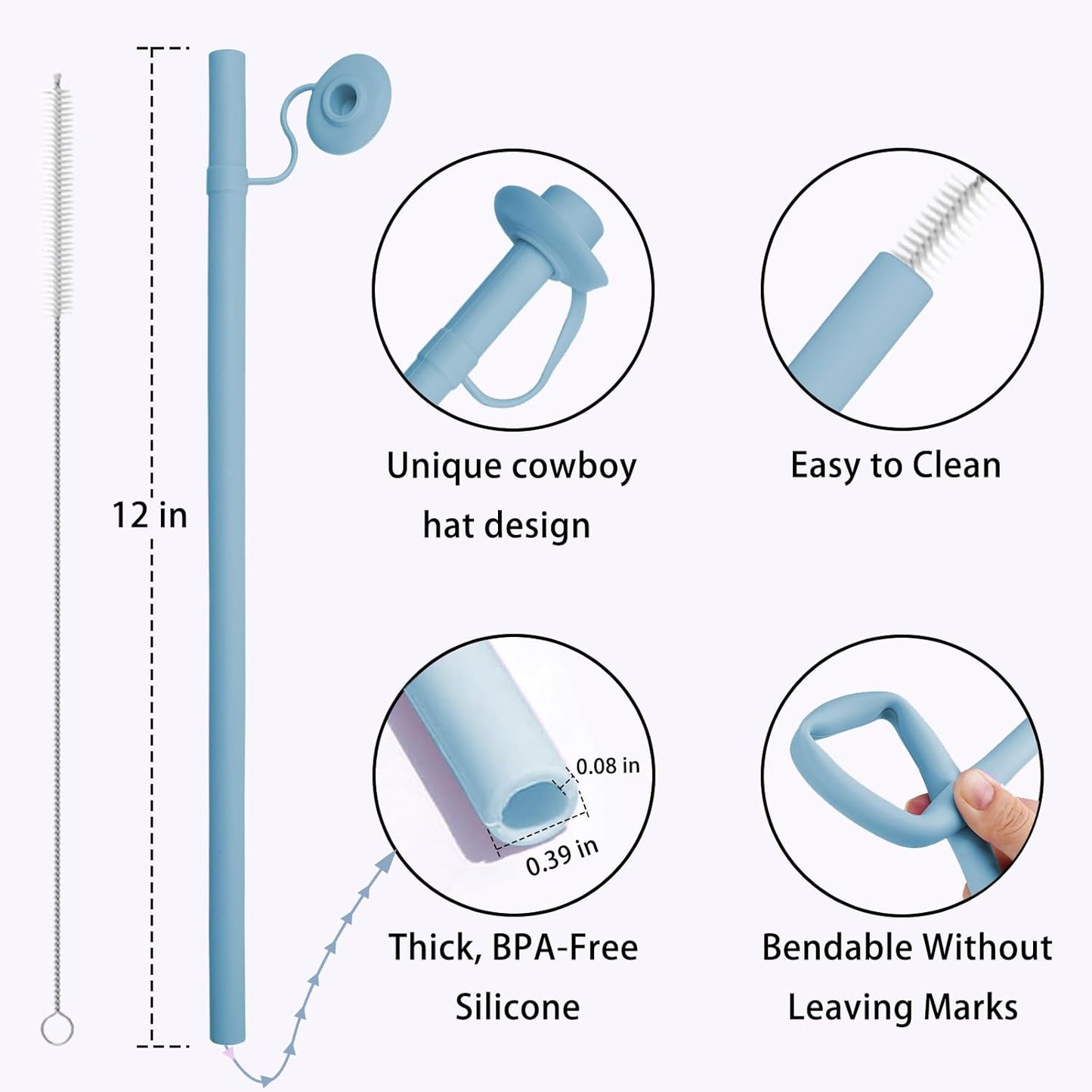 2PCS Reusable Silicone Straws with Cover, Bite-Safe, 12”Long Collapsible Drinking Straws for Stanley Owala Cups, Tumblers & Travel – Trim to Fit Any Cup (Blue)