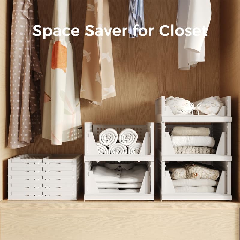 Pinkpum 5 Pack Stackable Plastic Storage Closet Organizers and Storage Bins Drawer Shelf Storage Container for Wardrobe Cupboard Kitchen Bathroom Office White