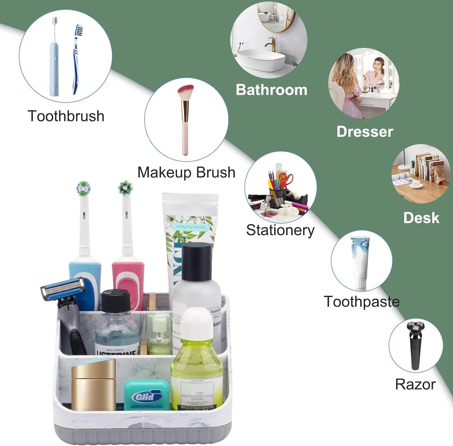 Chintu Toothbrush Holders for Bathrooms - 6 Slots Electric Tooth Brushing Holder, Bathroom Countertop Organizer for Kids Family, Marble Toothbrush and Toothpaste Holder Shower Storage Grey