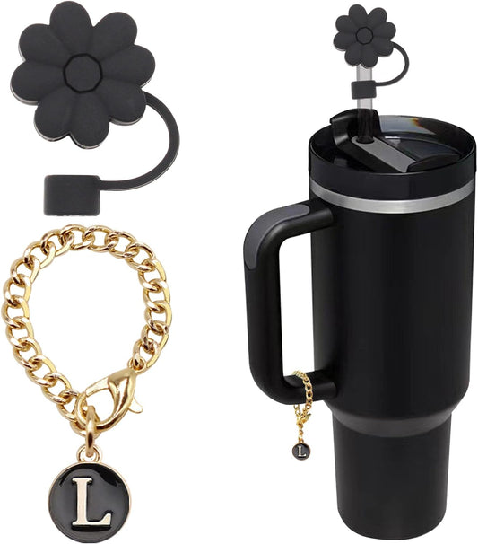 Stanley Cup Accessories, 1pc Flower Stanley Straw Cover Silicone Straw Topper for Stanley 30&40 oz Tumbler with Handle and 1pc Initial Letter Charm for Stanley Cup (Letter L)