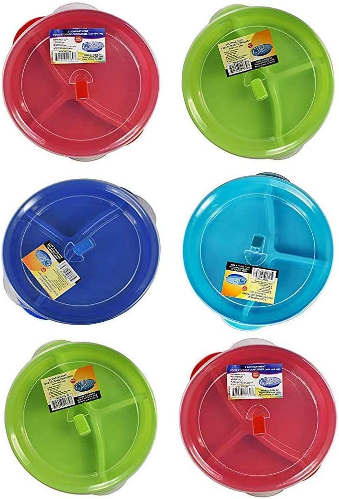 (Set of 6) Microwave Food Storage Tray Containers - 3 Section/Compartment Divided Plates w/Vented Lid