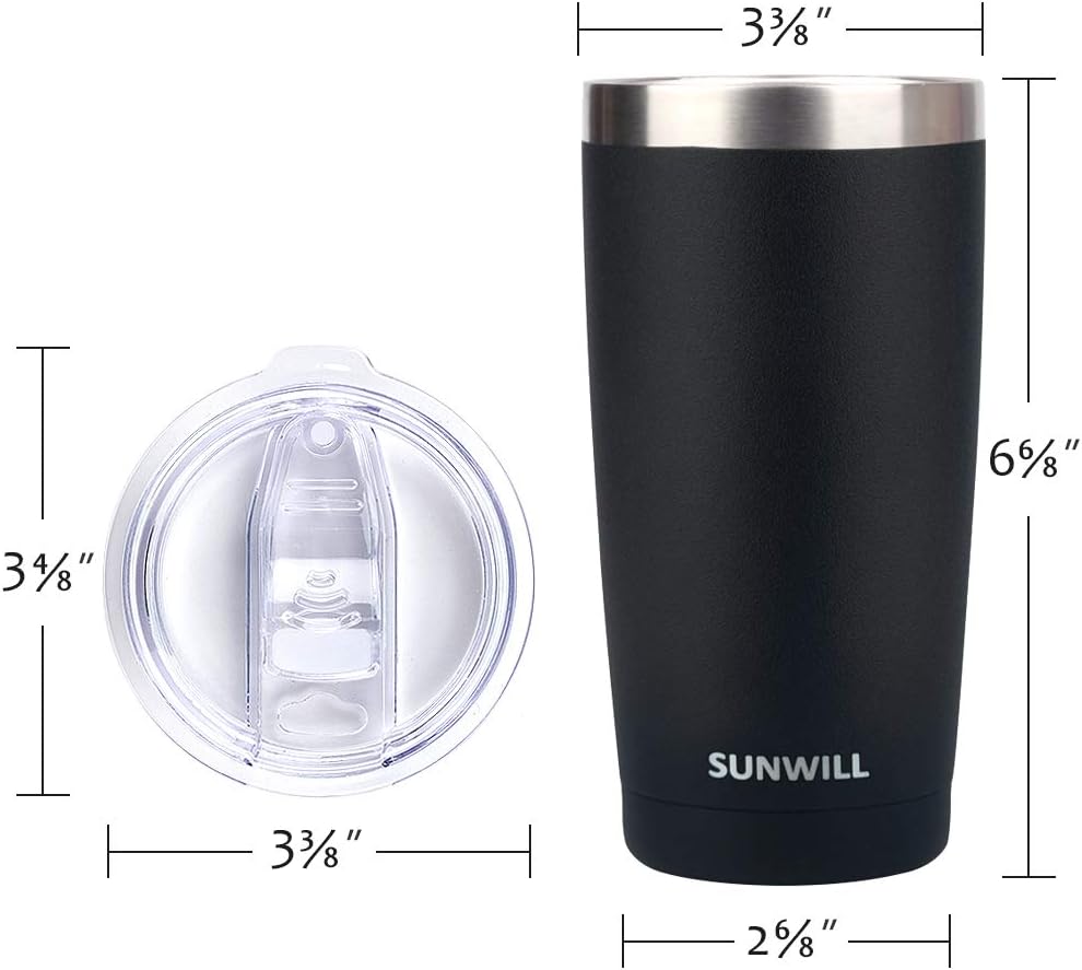 SUNWILL Travel Coffee Tumbler 20 oz, Insulated Mug with Lid, Stainless Steel Cup for Outdoor, Powder Coated Black