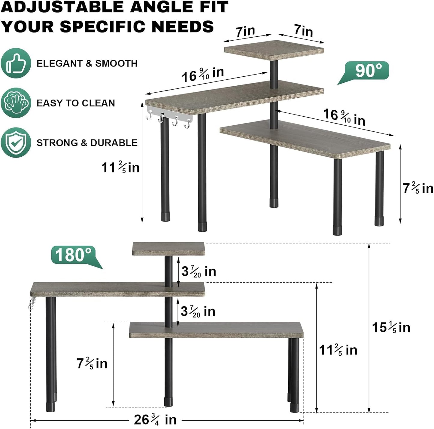 ZHWS Kitchen Countertop Organizer, Bathroom Counter Organizer, Adjustable 3 Tier Corner Shelf with 4 Metal Hooks for Counter Organize, Spice Rack, Makeups, Coffee Station Bookshelf (Rustic Grey)