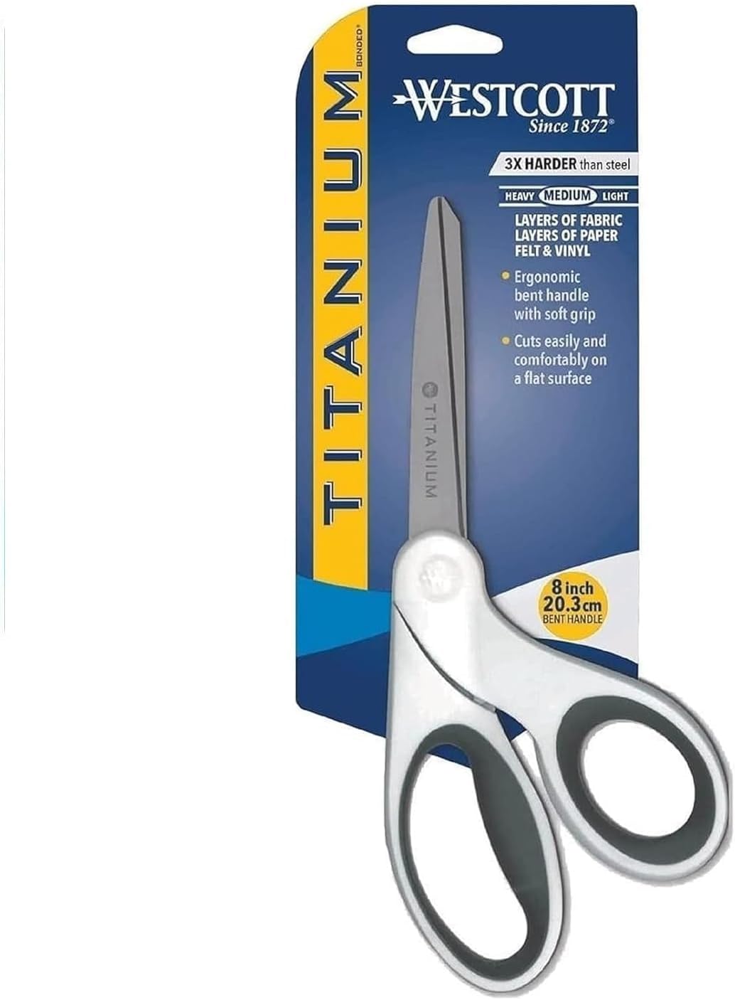 Westcott 8" Bent Craft Scissors with Titanium-Bonded Blades for Heavy-Duty Use (White or Blue, Colors May Vary)