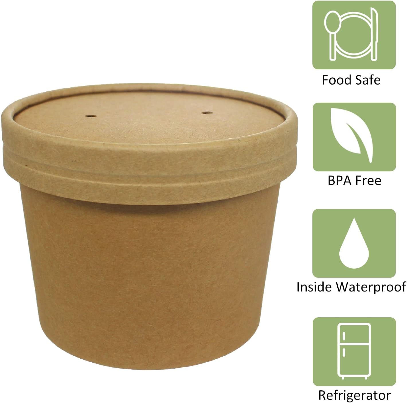 Paper Ice Cream Cups with Paper Lids, Hot/Cold Soup Cups with Lids (Kraft) (50, 12 oz)