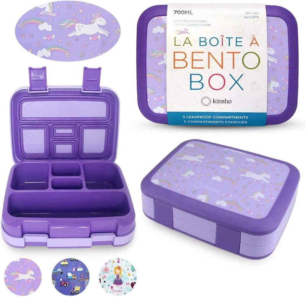 Bento Box Lunch Boxes for Toddlers Kids Girls, 5 Portion Sections Secure Lid, BPA Free Removable Tray, Pre-School Kid Daycare Lunches Snack Container Ages 3 to 5, Loncheras Para Niñas, Purple Unicorn