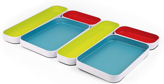 Three by Three Seattle 6 Piece Shallow Metal Organizer Tray Set for Storing Makeup, Stationery, Utensils, and More in Office Desk, Kitchen and Bathroom Drawers (1 Inch, Multicolor)