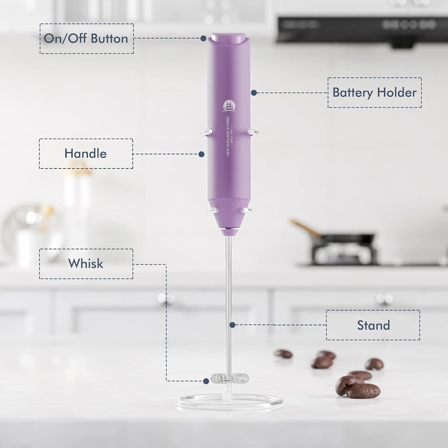 Powerful Milk Frother Handheld Foam Maker, Mini Whisk Drink Mixer for Coffee, Cappuccino, Latte, Matcha, Hot Chocolate, With Stand, Light Purple