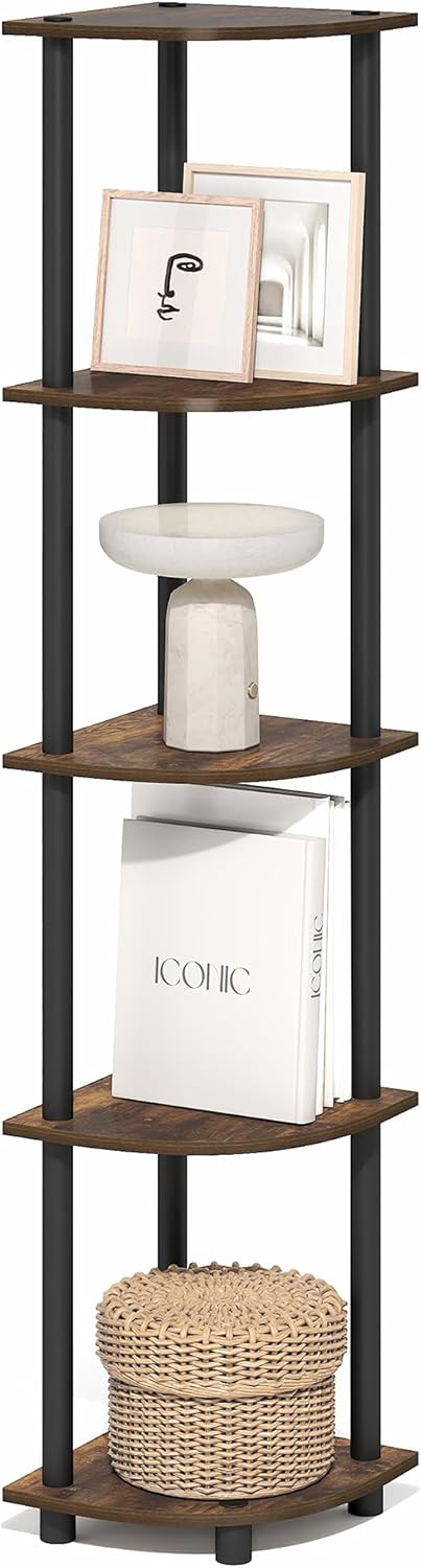 Furinno Turn-N-Tube Corner Shelf, 5-Tier Corner Bookshelf, Open Storage Shelves, for Organization and Storage, Living Room, Home Office, Garage, Bedroom, Amber Oak