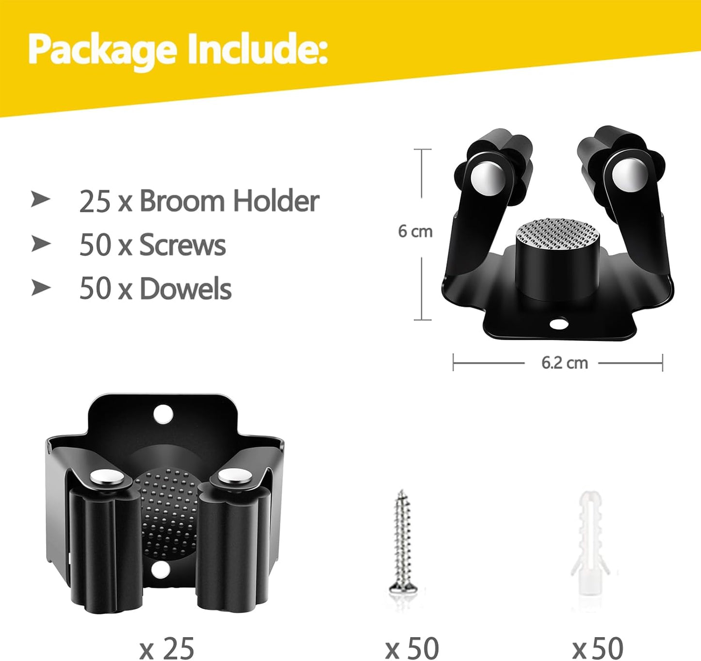 Verdenu 25 Pack Broom Holder Wall Mount, Mop and Broom Holder Wall Mount, Stainless Steel Command Mop Holder with Screws, Garden Tool Storage Organizer for Kitchen, Home, Bathroom, Garage, Black