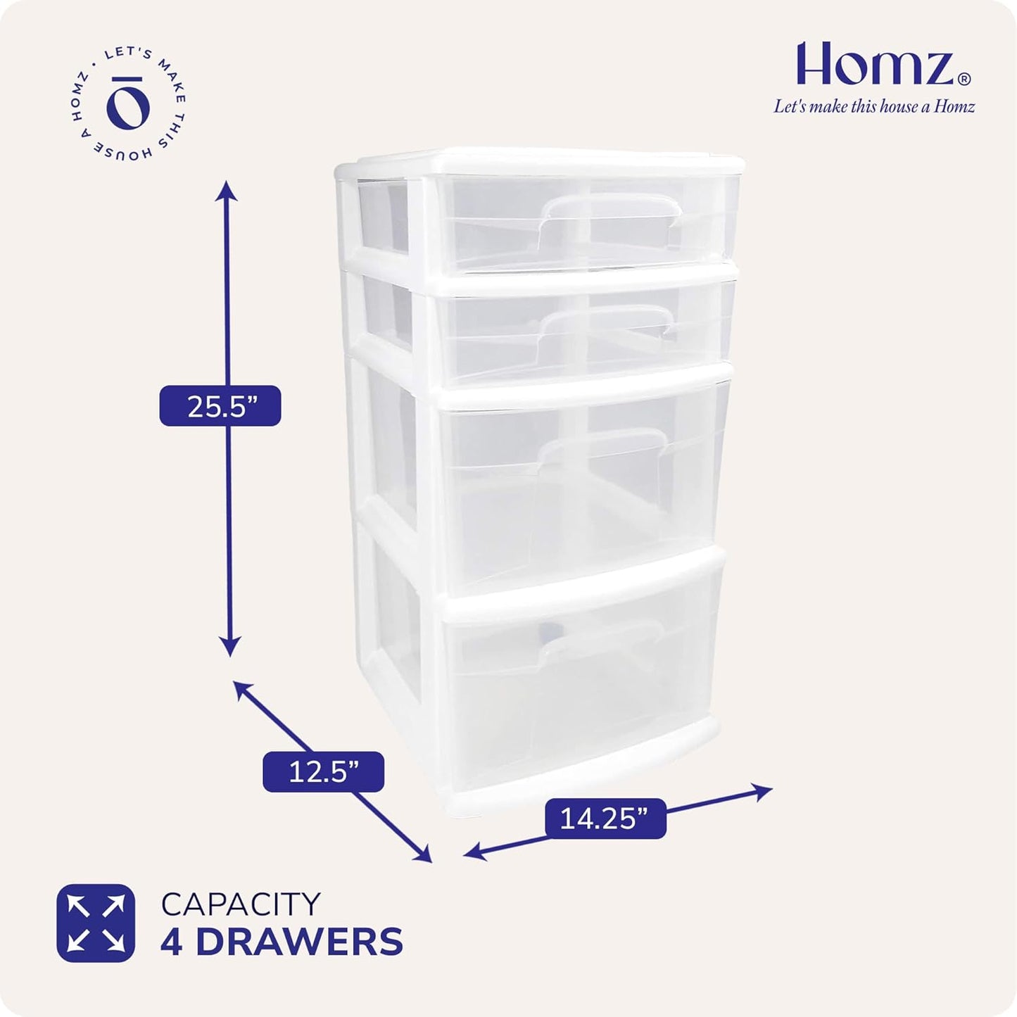 HOMZ Drawer Tower, 4-Tier Clear Plastic Storage Organizer Cart, White Frame – Rolling Containers with Wheels for Bathroom, Bedroom, Office, and Classroom Organization