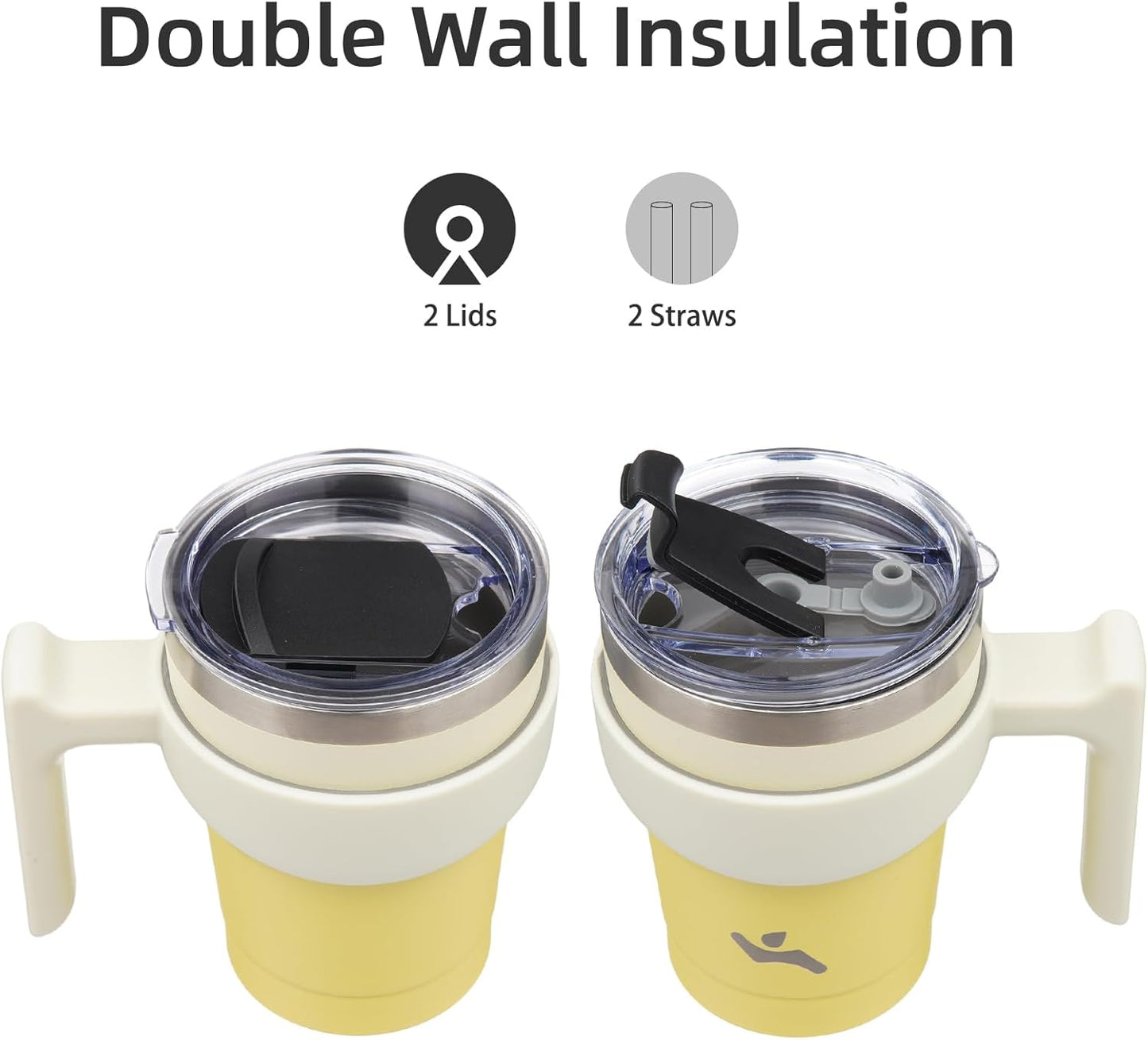 10 oz Tumbler with Handle and 2 Straw 2 Lid, Insulated Water Bottle Stainless Steel Vacuum Cup Reusable Travel Mug,Lemon