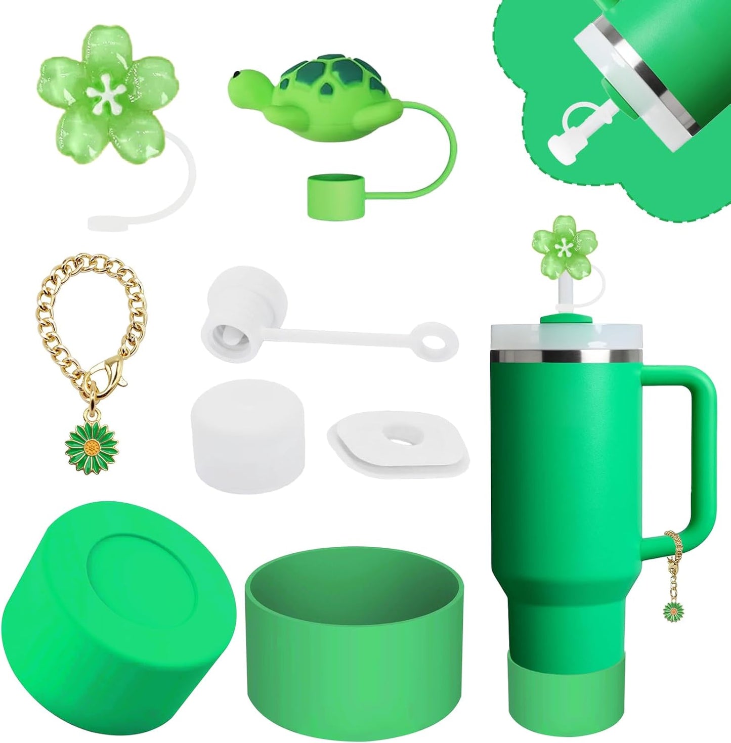 Stanley Cup Accessories Set,Including 2 Pcs 0.4in Straw Cover, 1 Silicone Spill-Proof Stopper Set of 3, 1 Cute Flower Handle Charm, 1 Silicone Boot Fits Stanley 40&30 Oz Tumbler (Meadow)