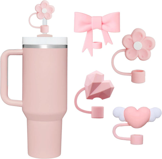 4 Pcs 0.4in Straw Cover for Stanley Cup, Silicone Straw Topper Set for 30&40oz Stanley Tumble, Fit for 10mm/0.4in Straws (Pink)
