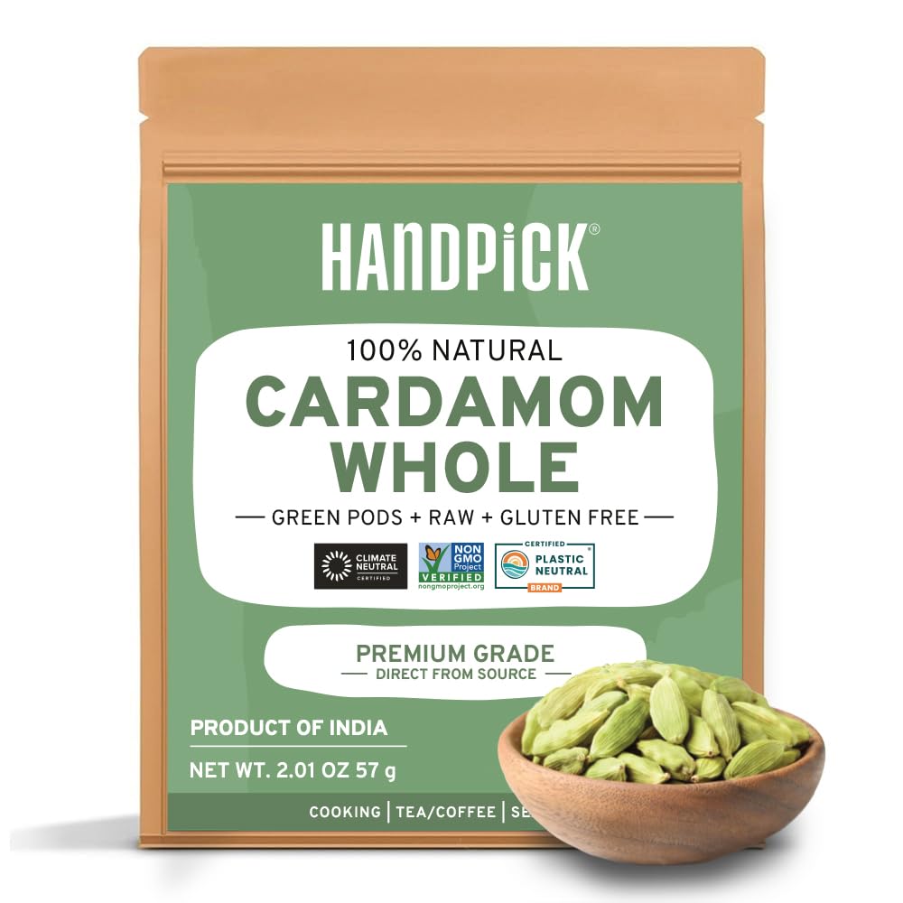 HANDPICK Green Cardamom Pods (57g / 2oz) Large size Green Elaichi | Pure, Non-GMO, Gluten Free | 100% Raw from India | Resealable Zip Lock Pouch