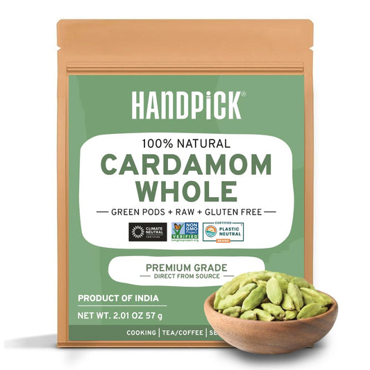 HANDPICK Green Cardamom Pods (57g / 2oz) Large size Green Elaichi | Pure, Non-GMO, Gluten Free | 100% Raw from India | Resealable Zip Lock Pouch