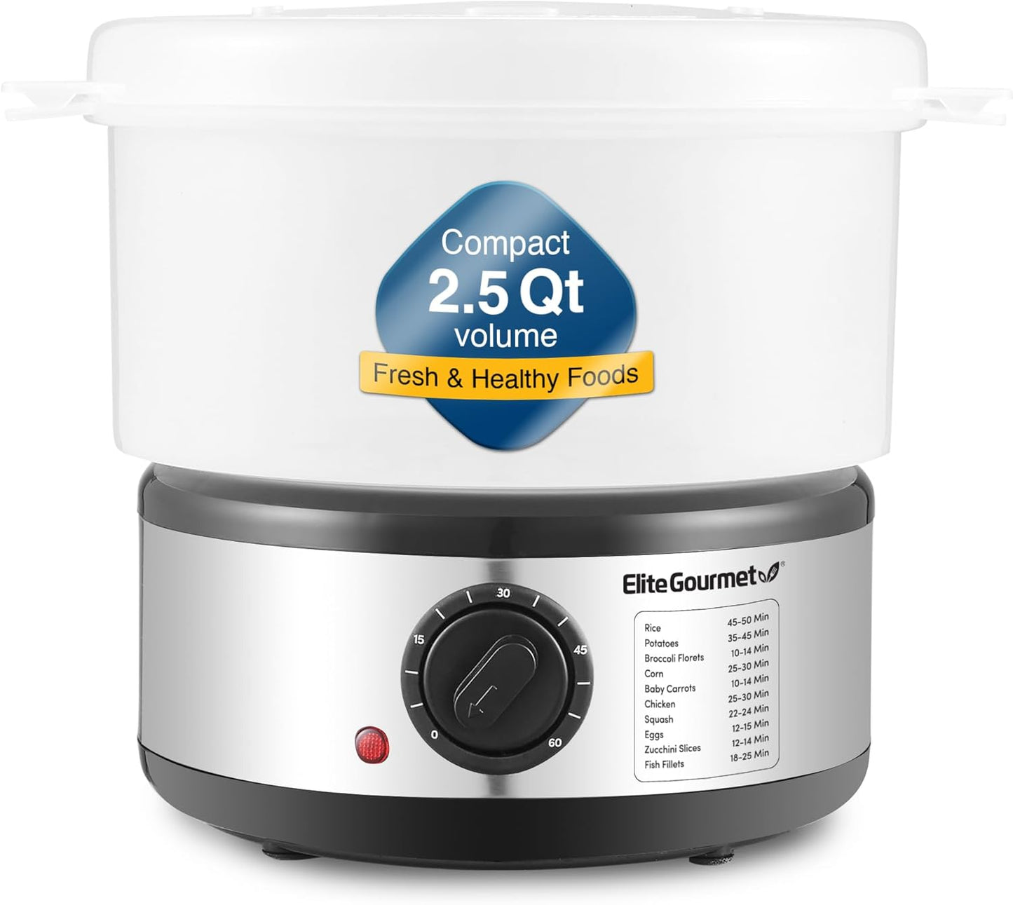 Elite Gourmet EST250 2.5 Quart Electric Compact Mini Food Vegetable Steamer, 400W with BPA-Free Tray, Auto Shut-off 60-min Timer, Veggies, Seafood, Chicken, Egg Cooker and more
