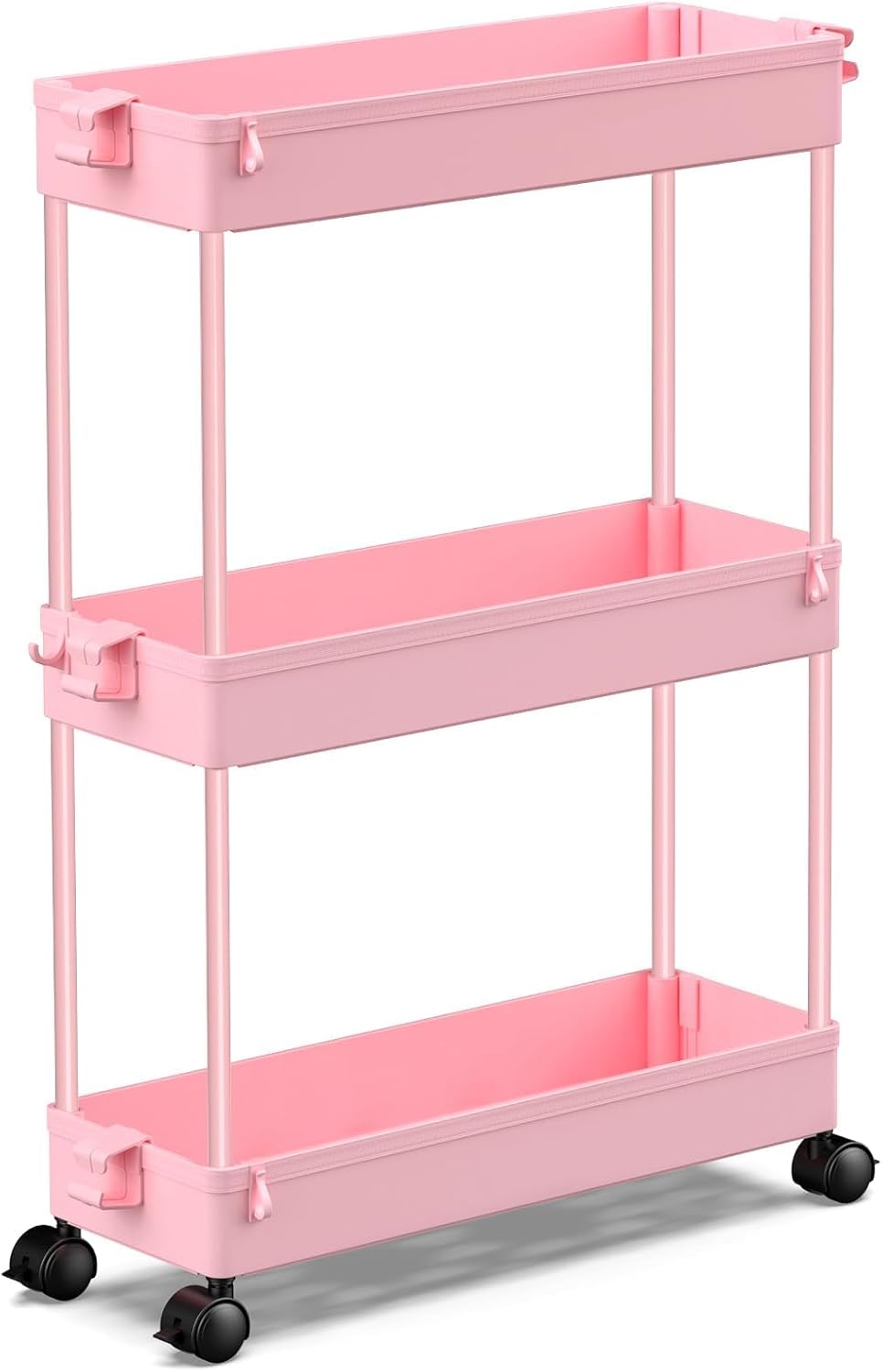 SPACEKEEPER Slim Rolling Storage Cart, 3 Tier Bathroom Organizer Utility Cart Laundry Room Organization Mobile Shelving Unit for Kitchen, Bathroom, Office, Bedroom, Narrow Places, Pink
