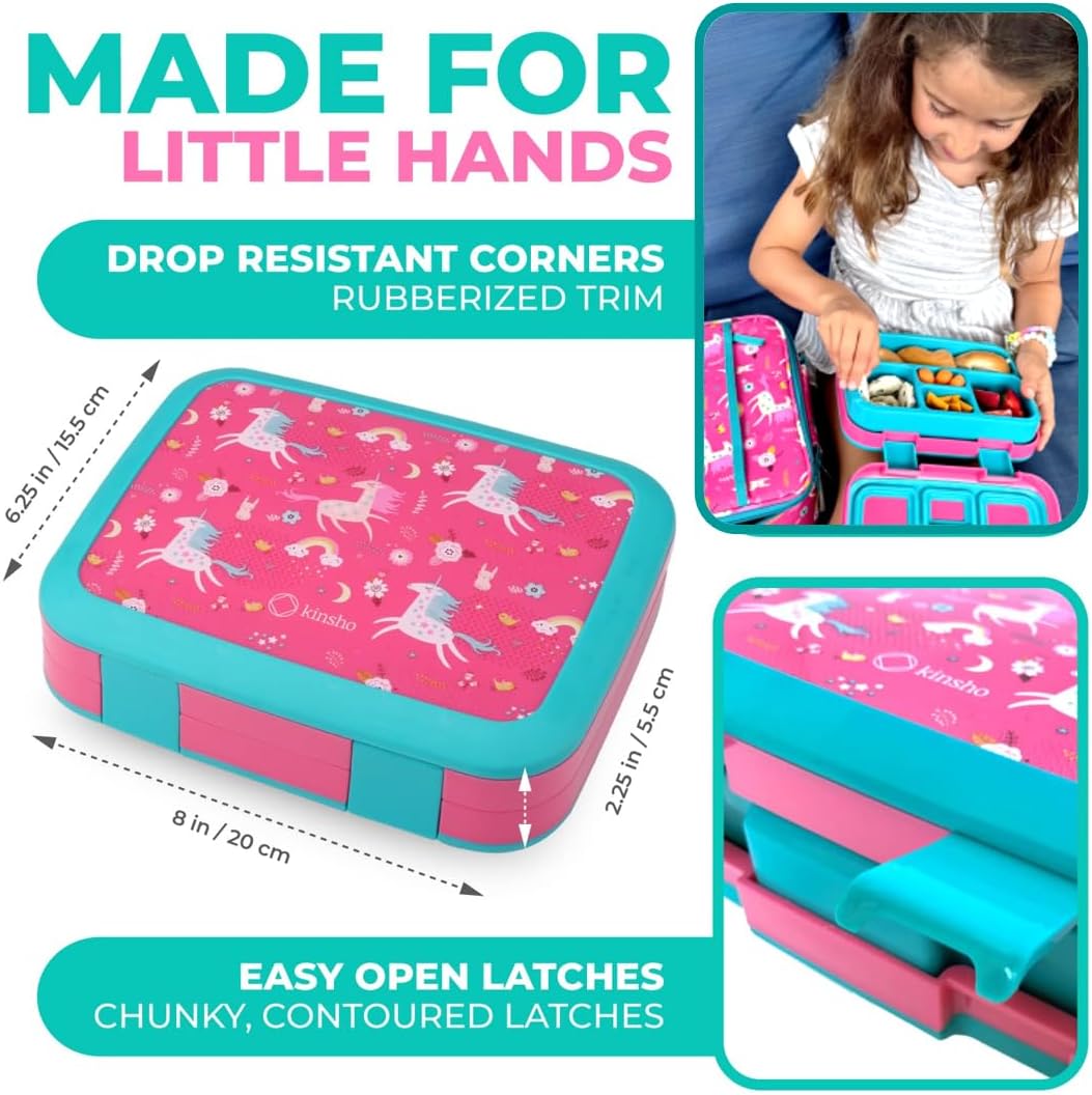 kinsho Unicorn Bento Lunch Box for Girls Toddlers, 5 Portion Control Sections, BPA Free Removable Plastic Tray, Pre-School Kid Toddler Girl Daycare Lunches, Snack Container Ages 3 to 7 Pink Unicorns