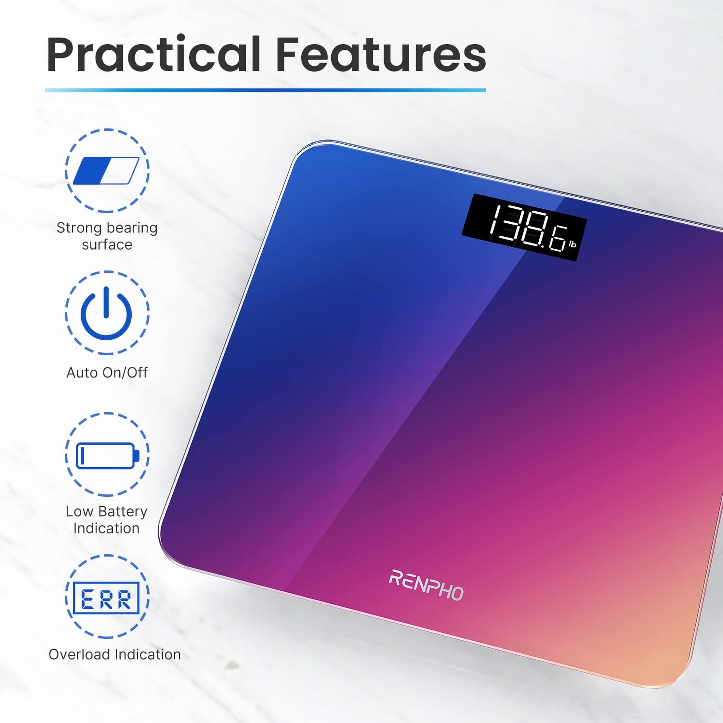 RENPHO Digital Bathroom Scale, Highly Accurate Body Weight Scale with Lighted LED Display Core 1S(10.24"/260mm, Gradient)