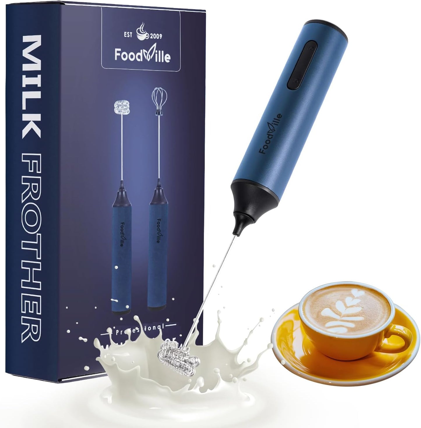 MF05 Rechargeable Milk Frother USB Charging Handheld Foam Maker with Stainless Balloon Whisk for Cappuccino, Latte, Bulletproof Coffee, Keto Diet, Protein Powder, Matcha (Navy Blue)