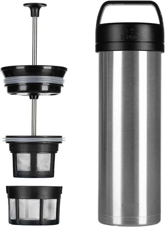 ESPRO P0 Ultralight French Press Coffee Maker for Travel, Vacuum Insulated Stainless Steel, 16 Ounces, Brushed Stainless Steel
