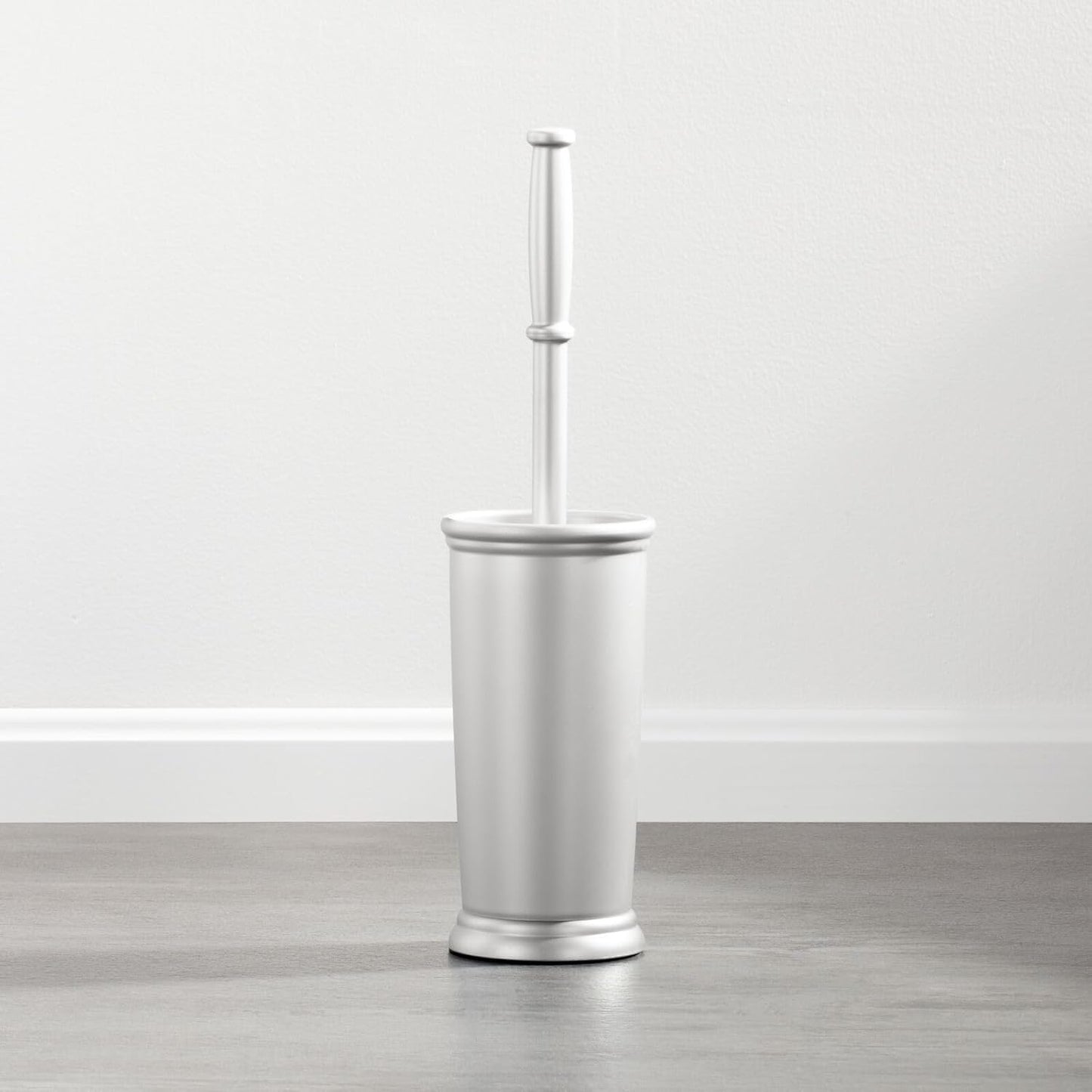 mDesign Compact Freestanding Plastic Toilet Bowl Brush and Holder for Bathroom Storage and Organization - Space Saving, Sturdy, Deep Cleaning, Covered Brush - Silver