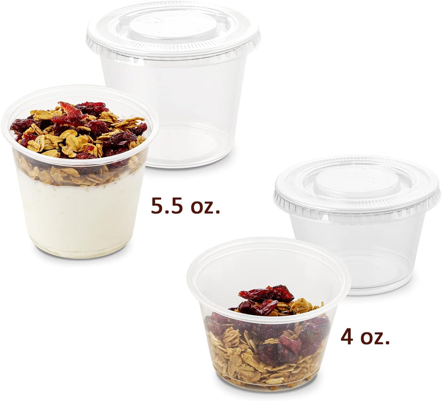DuraHome Plastic Portion Cups with Lids 4 oz. & 5.5oz. Combo Pack of 150 Leakproof Jello Cup Mini Containers for Salad Dressing Sauce Condiment Snack Souffle and Salsa, Disposable, Interchangeable