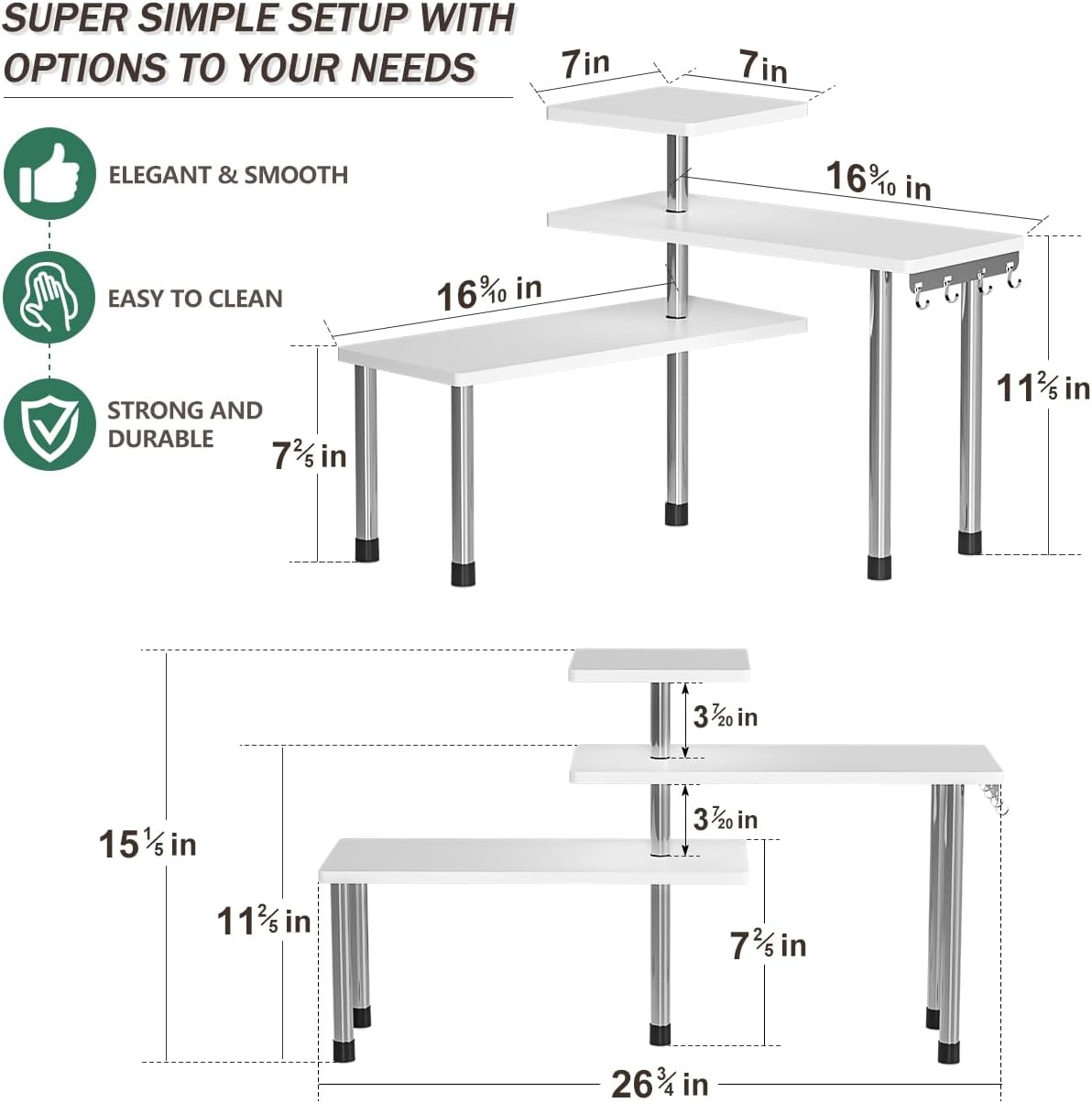 ZHWS Bathroom Counter Organizer Corner Shelf – Bathroom Organization Bamboo 3 Tier Spice Rack Makeup Organizer Bookshelf Space Saving Rack Kitchen Office Living Room (White)