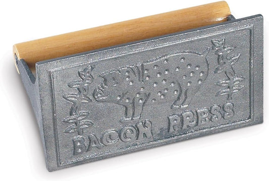 HIC Kitchen Bacon Press, Heavyweight Cast Iron, Rectangular With Wood Handle, For Stovetop Grill And Griddle