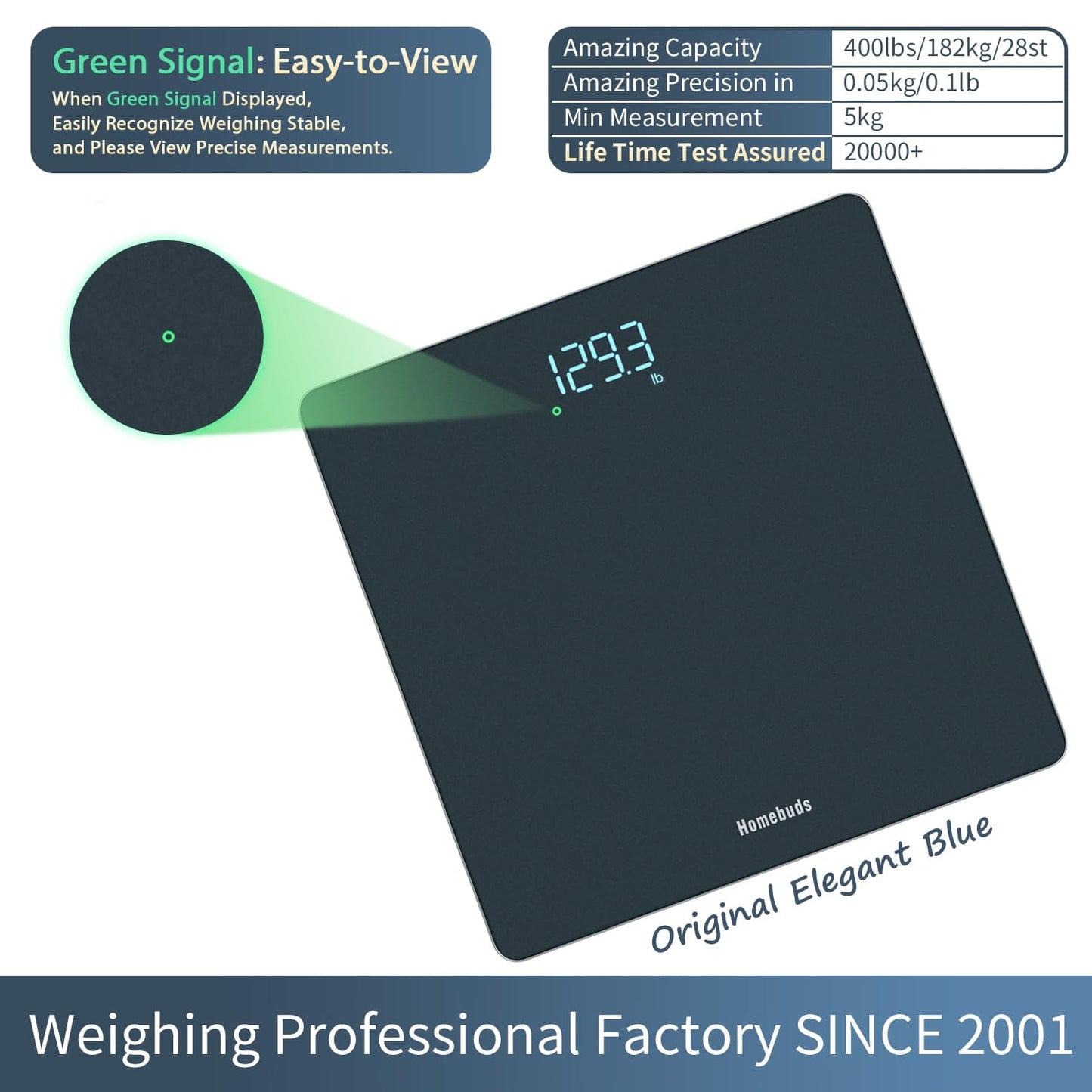 Homebuds Digital Bathroom Scale for Body Weight, Weighing Professional Since 2001, Crystal Clear LED and Step-on, Batteries Included, 400lb/180kg, Blue