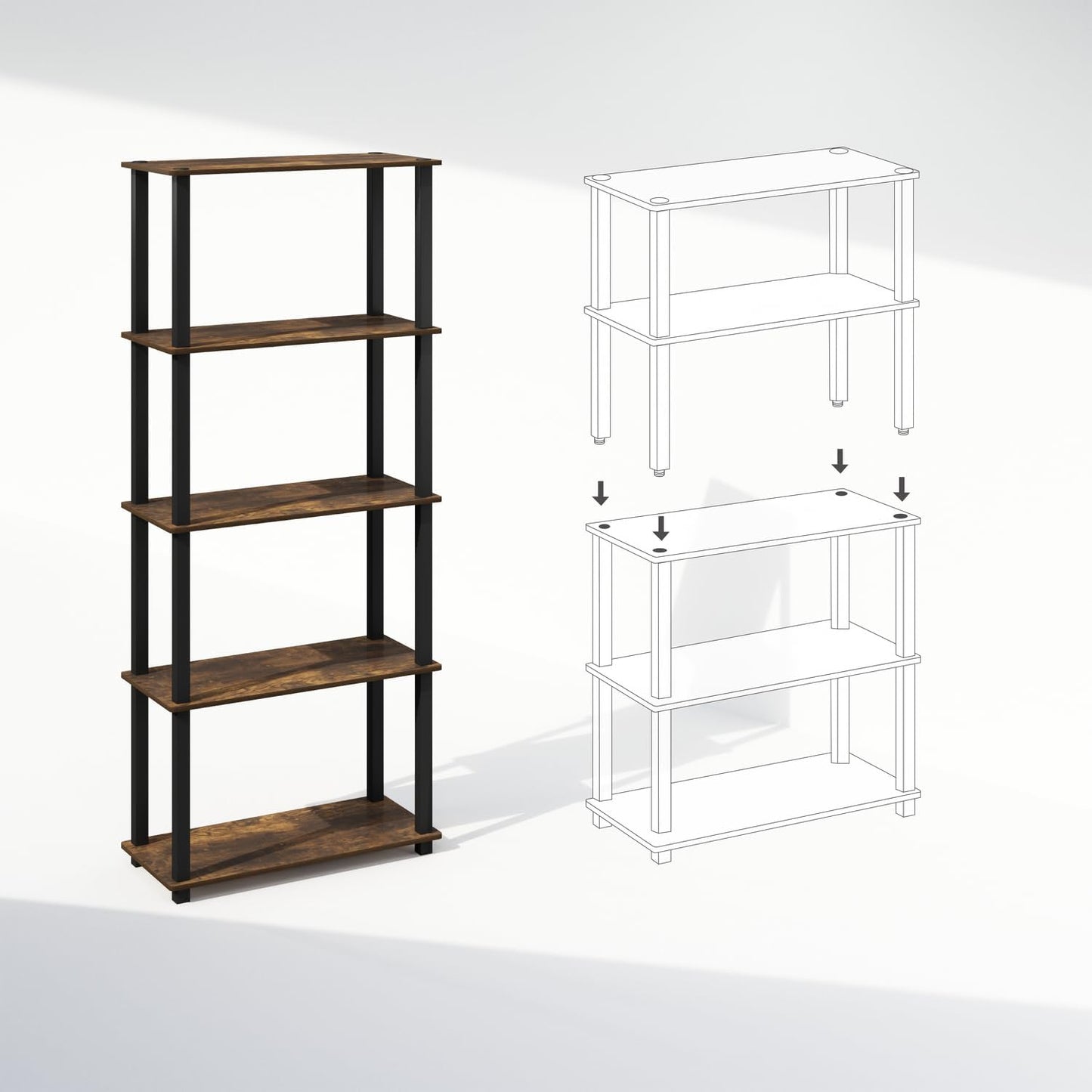 Furinno Turn-S-Tube Storage Shelves Set of 2, 3-Tier Book Shelf, Corner Shelf, Toolless Open Shelves, Square Tubes, for Organization and Storage, Living Room, Garage, Home Office, Amber Pine