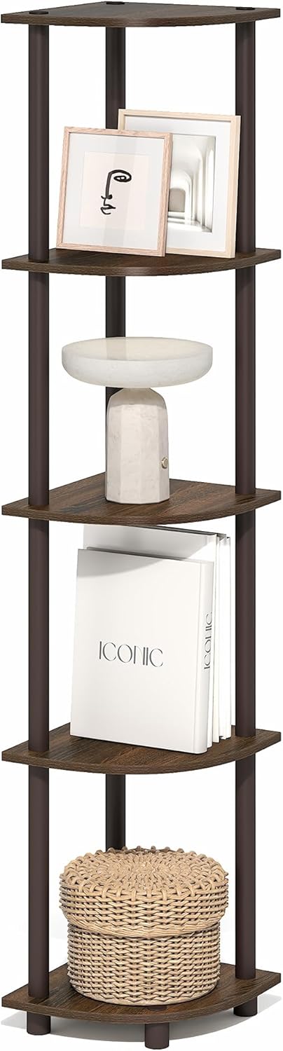 Furinno Turn-N-Tube Corner Shelf, 5-Tier Corner Bookshelf, Open Storage Shelves, for Organization and Storage, Living Room, Home Office, Garage, Bedroom, Black Walnut