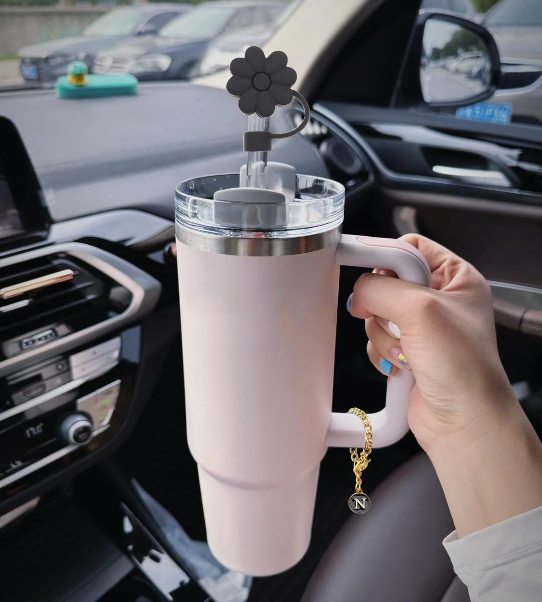 Stanley Cup Accessories, 1pc Flower Stanley Straw Cover Silicone Straw Topper for Stanley 30&40 oz Tumbler with Handle and 1pc Initial Letter Charm for Stanley Cup (Letter N)