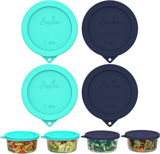 Sophico Sophico Round Silicone Storage Cover Lids Replacement for Anchor Hocking and Pyrex 7402-PC 6/7 Cup Glass Bowls (Container not Included) (Mint-Navy blue, 4pack)