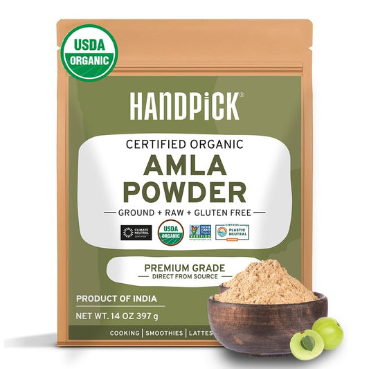 HANDPICK Organic Amla Powder (14oz) Amalaki, USDA Organic, Non-GMO | 100% Raw and Natural - Lab Tested for Purity | Indian Gooseberry Powder | Resealable Zip Lock Pouch