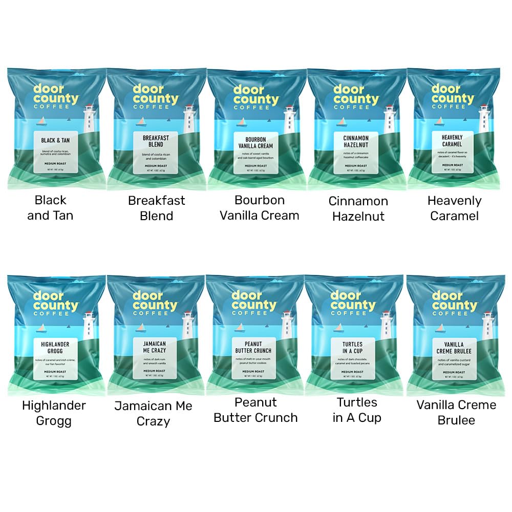 Gourmet Flavored Coffee Sampler Pack - 10 Bags of Unique Flavored Coffees – 100% Specialty Grade 1 Arabica -1.5 oz Full-Pot Bags - Roasted by Door County Coffee