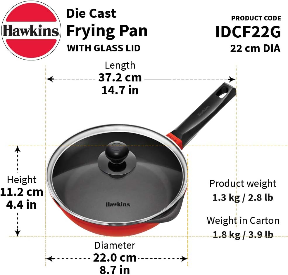 HAWKINS 24 cm Die Cast Induction Compatible Frying Pan with Glass Lid, Red (IDCF24G)