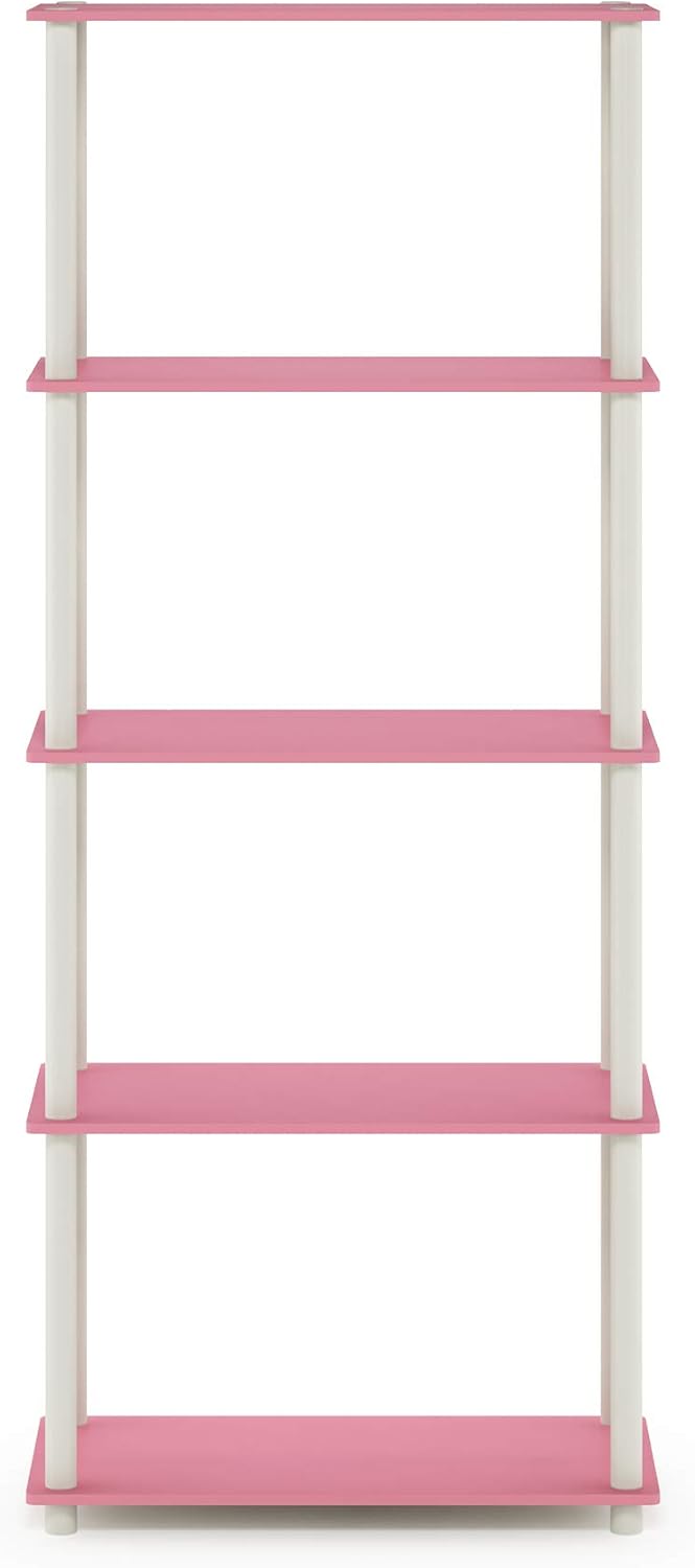 Furinno TURN-N-TUBE Storage Shelves, 5-Tier Book Shelf, Corner Shelf, Toolless Open Shelves, for Organization and Storage, Living Room, Garage, Home Office, Pink