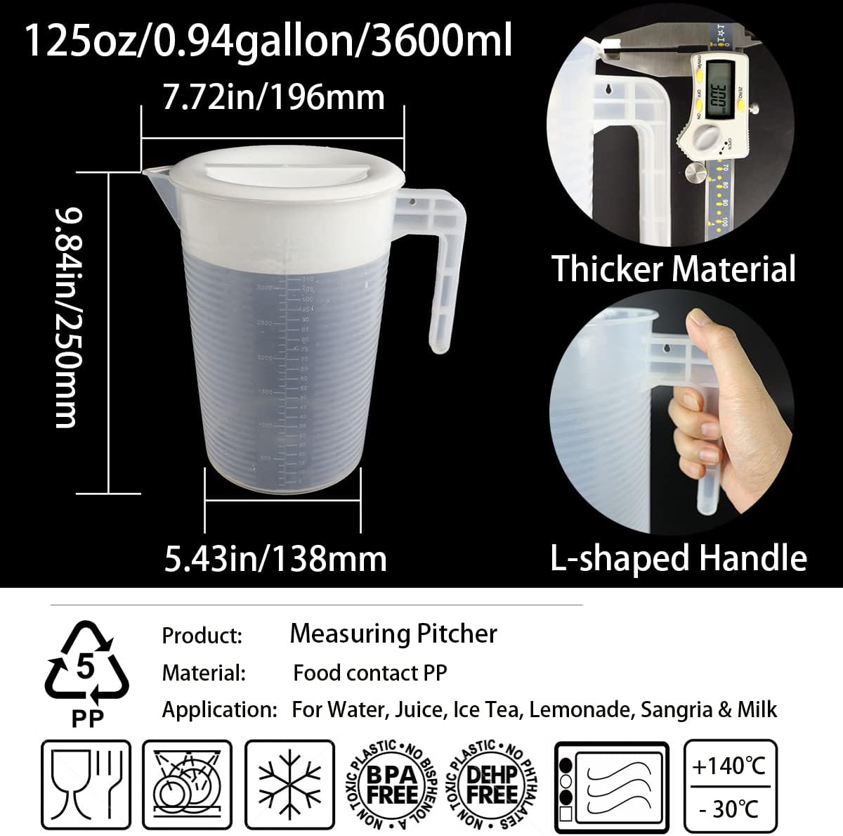 0.66 Gallon/2.5 Litre Plastic Pitcher with Lid BPA-FREE Eco-Friendly Carafes Mix Drinks Water Jug for Hot/Cold Lemonade Juice Beverage Jar Ice Tea Kettle (white, 125oz)