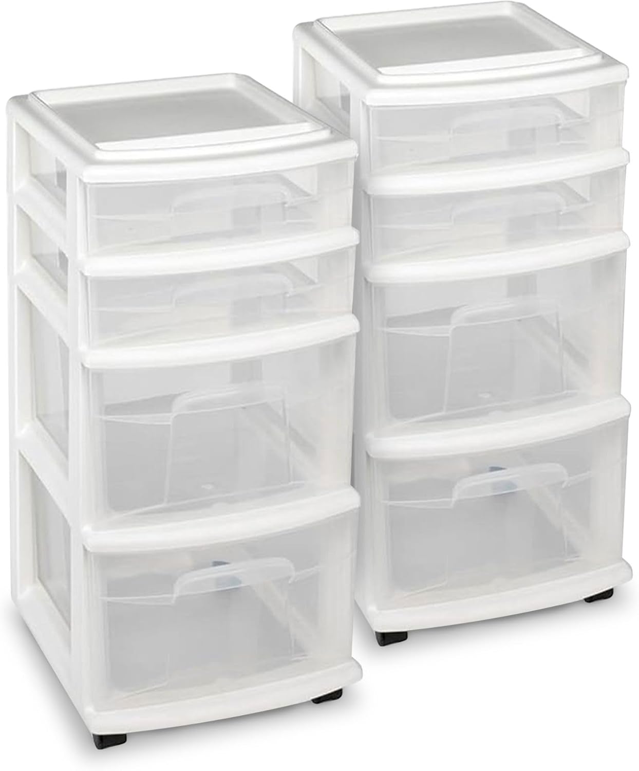 HOMZ 2-Pack Drawer Tower, 4-Tier Clear Plastic Storage Organizer Cart, White Frame - Organizing Containers with Wheels for Home, Bathroom, Bedroom, Office, and Classroom